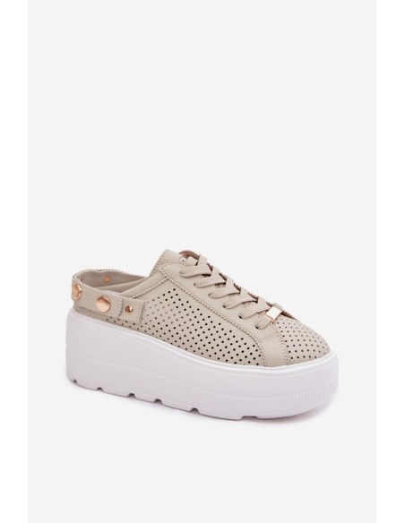 Leather Mesh Women's Sneakers On Platform With Strap On Heel D&A LR61-7088 Beige