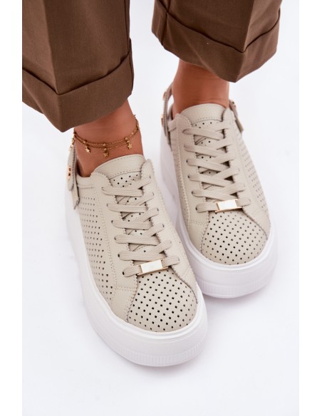Leather Mesh Women's Sneakers On Platform With Strap On Heel D&A LR61-7088 Beige