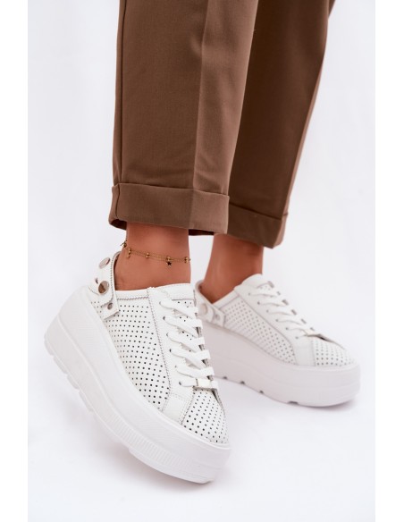 Leather Openwork Women's Sneakers With Platform And Strap On Heel D&A LR61-7088 White