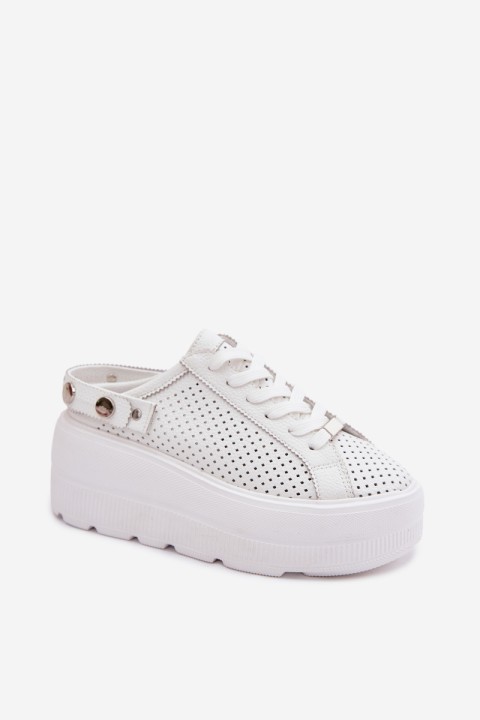 Leather Openwork Women's Sneakers With Platform And Strap On Heel D&A LR61-7088 White