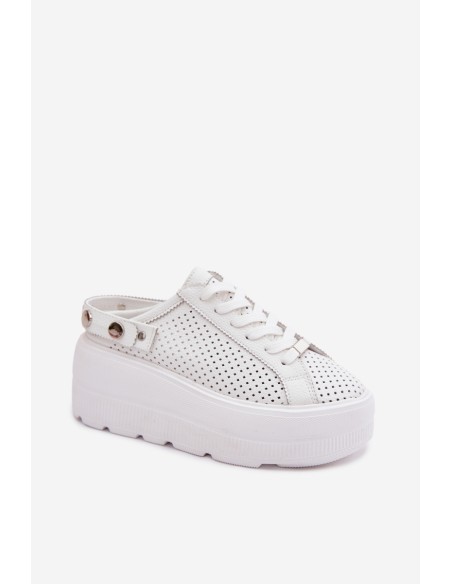 Leather Openwork Women's Sneakers With Platform And Strap On Heel D&A LR61-7088 White