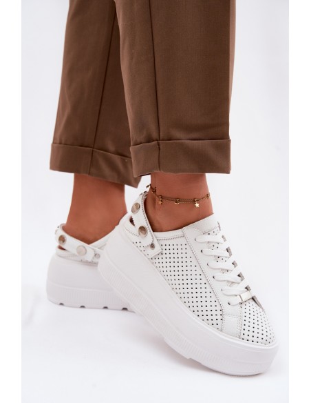 Leather Openwork Women's Sneakers With Platform And Strap On Heel D&A LR61-7088 White
