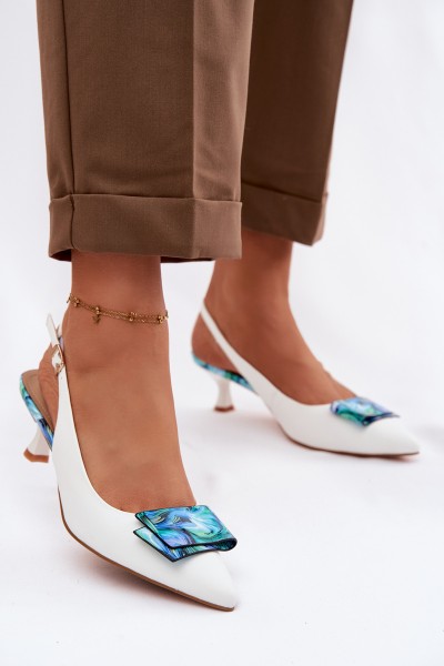 Leather Women's Heeled Shoes With Decoration D&A LZ61-2006 White