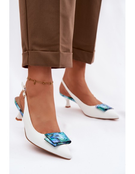 Leather Women's Heeled Shoes With Decoration D&A LZ61-2006 White