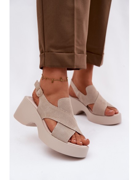 Leather Women's Platform Sandals S.Barski LR61-7005 Beige