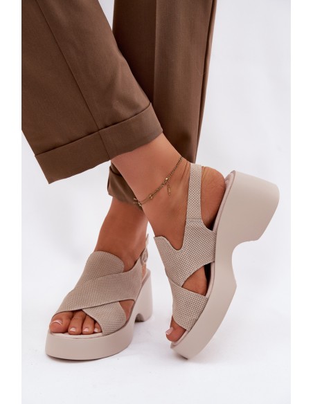 Leather Women's Platform Sandals S.Barski LR61-7005 Beige