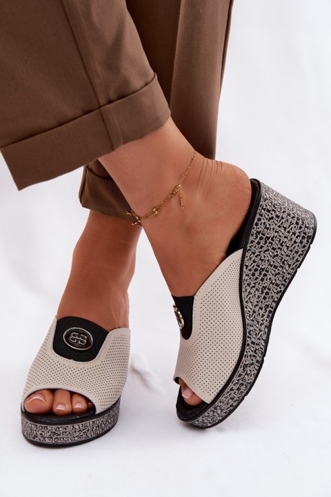 Leather Platform Sandals With Decoration S.Barski LR61-7011 Beige