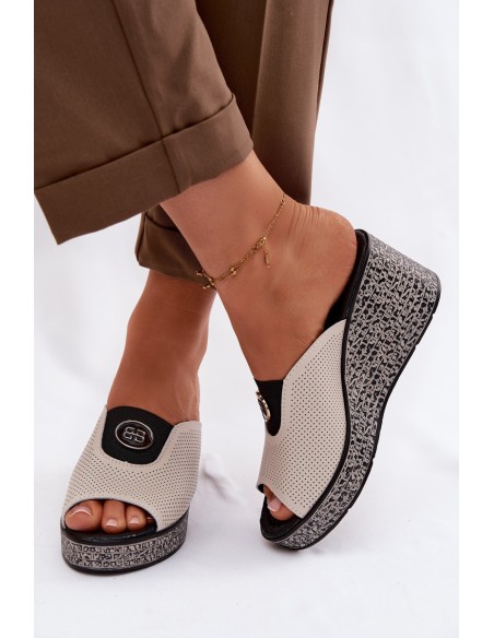 Leather Platform Sandals With Decoration S.Barski LR61-7011 Beige