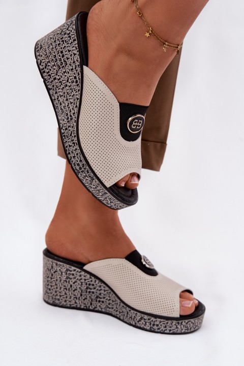 Leather Platform Sandals With Decoration S.Barski LR61-7011 Beige