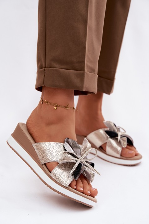 Leather Platform Sandals With Decorative Flower S.Barski GR61-5989 Gold