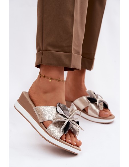 Leather Platform Sandals With Decorative Flower S.Barski GR61-5989 Gold