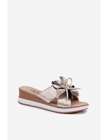 Leather Platform Sandals With Decorative Flower S.Barski GR61-5989 Gold