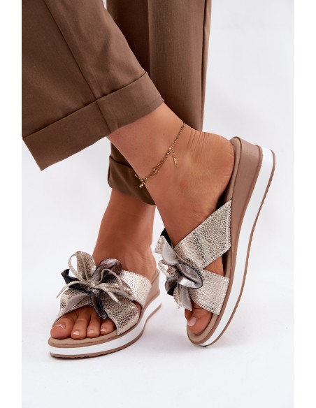 Leather Platform Sandals With Decorative Flower S.Barski GR61-5989 Gold