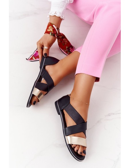 Leather Sandals With Drawstrings Gold-Black Apulia