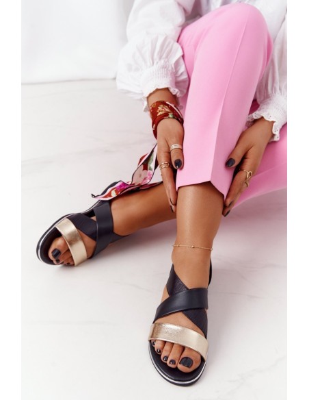 Leather Sandals With Drawstrings Gold-Black Apulia