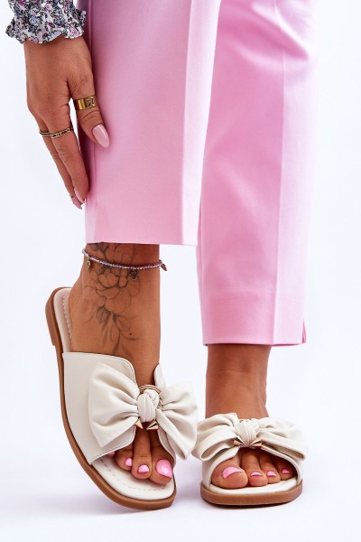 Women's Leather Slippers With Bow White Becky