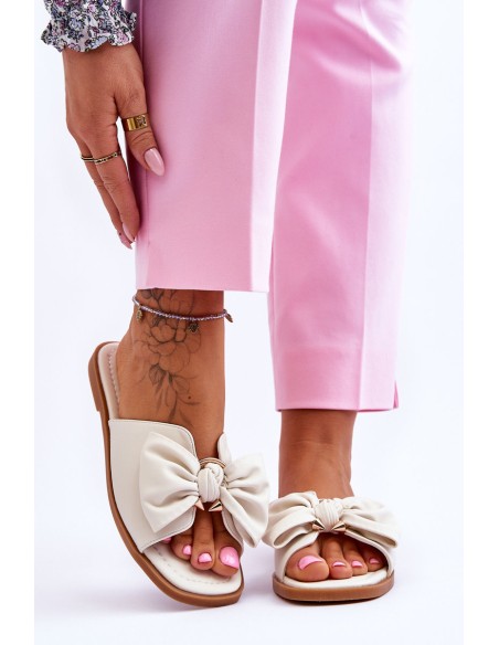 Women's Leather Slippers With Bow White Becky