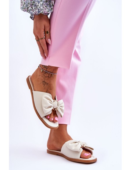 Women's Leather Slippers With Bow White Becky