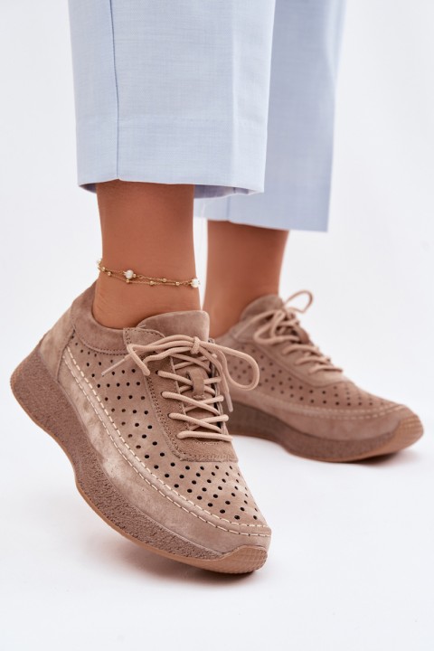 Leather Sneakers Women's Perforated Sergio Leone SP-013 Light Brown