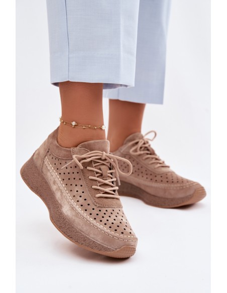 Leather Sneakers Women's Perforated Sergio Leone SP-013 Light Brown