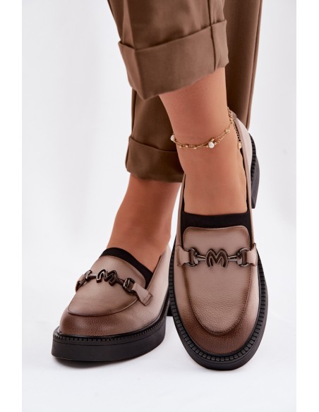 Leather Women's Loafers With Decorative Detail Vinceza Beige