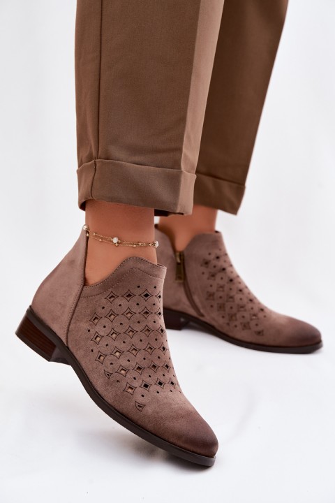 Women's Openwork Ankle Boots Flat Heel Vinceza 58626 Dark Beige