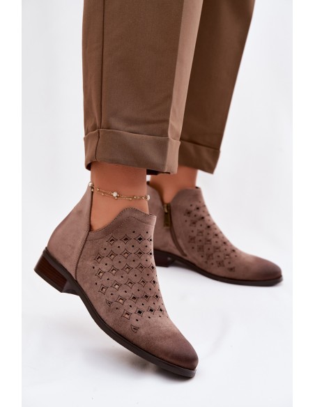Women's Openwork Ankle Boots Flat Heel Vinceza 58626 Dark Beige