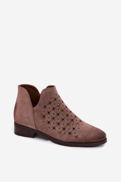 Women's Openwork Ankle Boots Flat Heel Vinceza 58626 Dark Beige 2