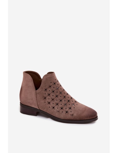 Women's Openwork Ankle Boots Flat Heel Vinceza 58626 Dark Beige