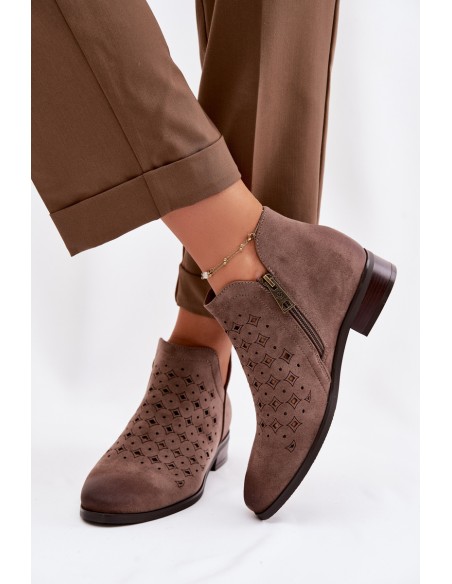 Women's Openwork Ankle Boots Flat Heel Vinceza 58626 Dark Beige