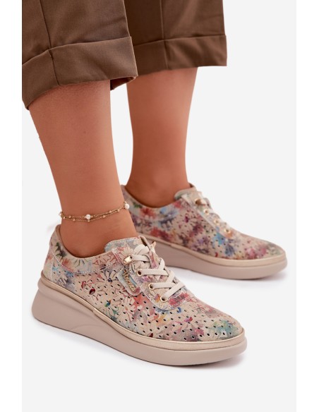 Vinceza Women's Suede Perforated Loafers 79603 Beige