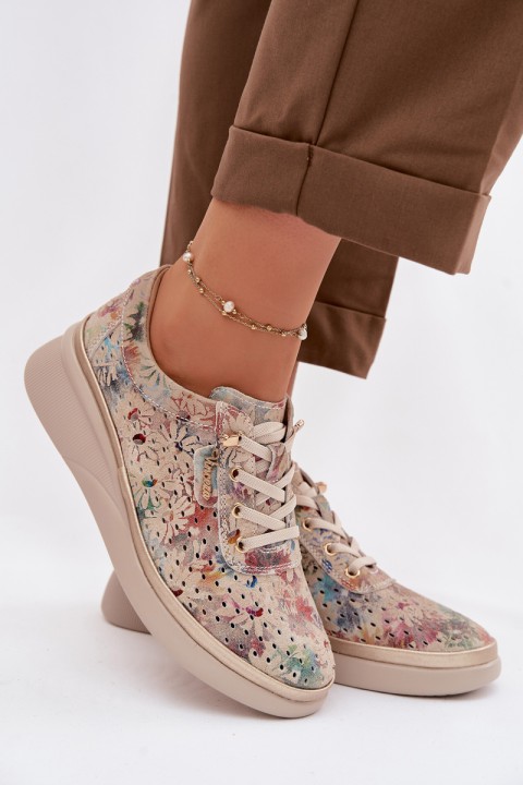 Vinceza Women's Suede Perforated Loafers 79603 Beige