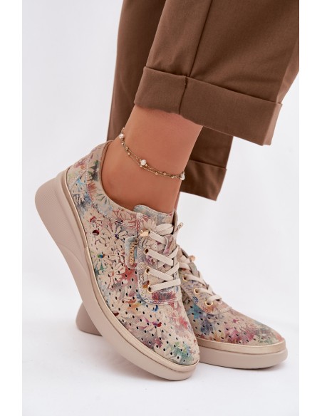 Vinceza Women's Suede Perforated Loafers 79603 Beige