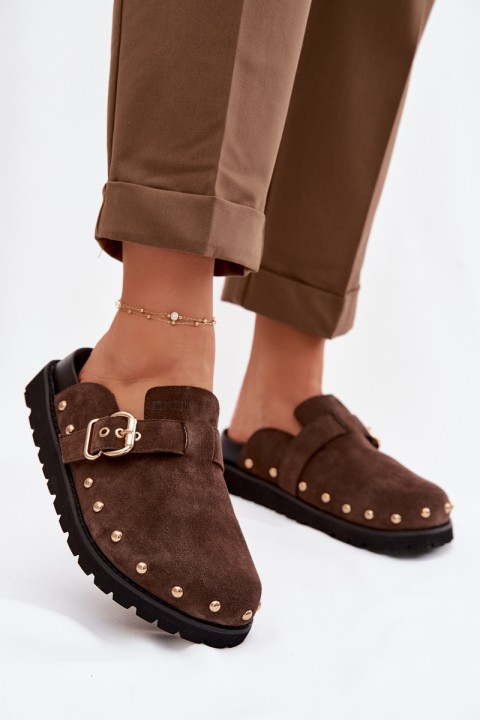 Zam suede Chodaki Platform Sandals With Studs and Buckle Big Star TT274952 Chocolate