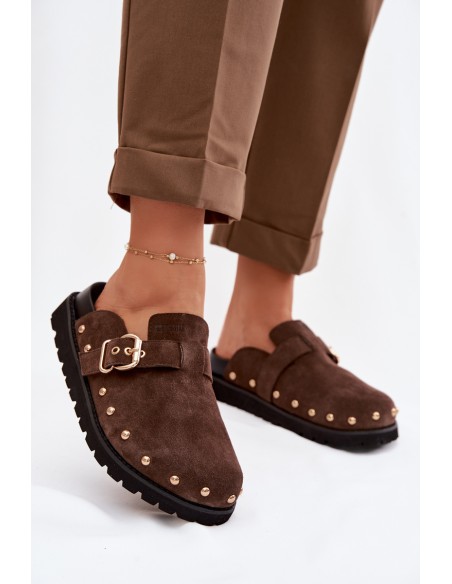 Zam suede Chodaki Platform Sandals With Studs and Buckle Big Star TT274952 Chocolate