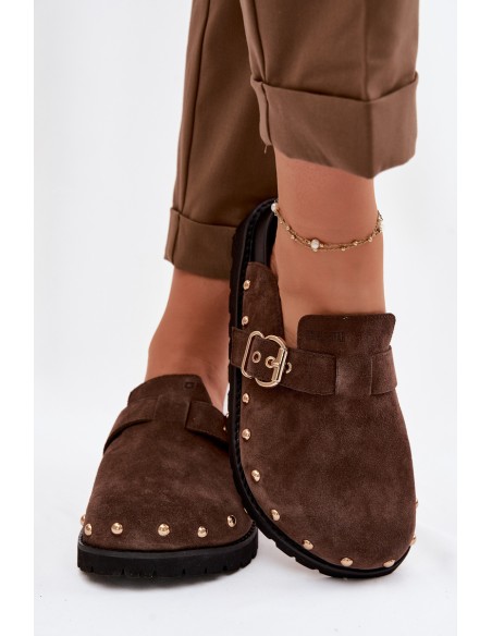 Zam suede Chodaki Platform Sandals With Studs and Buckle Big Star TT274952 Chocolate