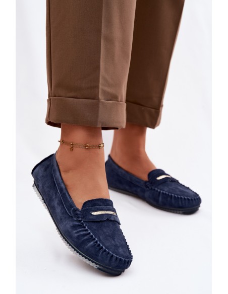 Women's Flat Loafers Made of Genuine Suede S.Barski LR61-7029 Navy Blue