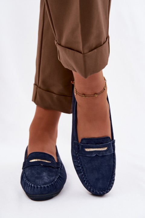 Women's Flat Loafers Made of Genuine Suede S.Barski LR61-7029 Navy Blue