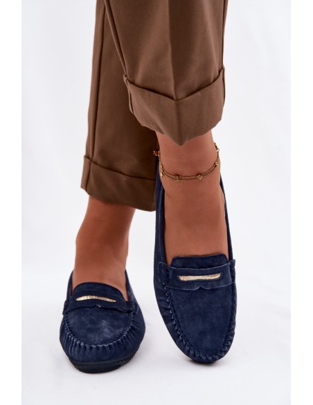Women's Flat Loafers Made of Genuine Suede S.Barski LR61-7029 Navy Blue