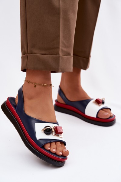 Leather Women's Sandals With Embellishment D&A GR61-5932 Navy Blue