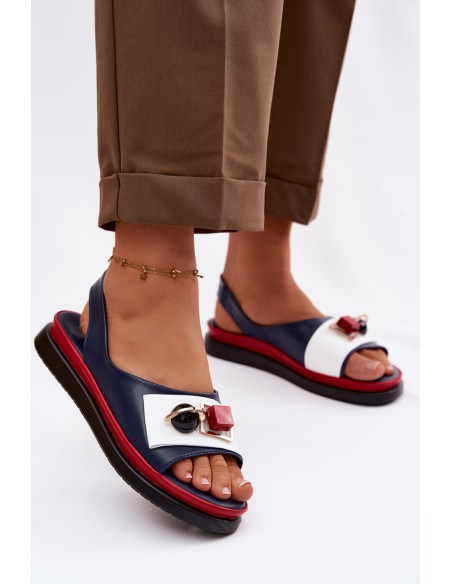 Leather Women's Sandals With Embellishment D&A GR61-5932 Navy Blue