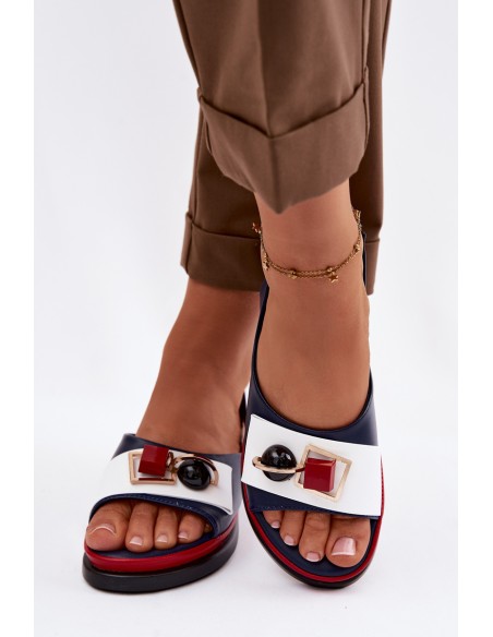 Leather Women's Sandals With Embellishment D&A GR61-5932 Navy Blue