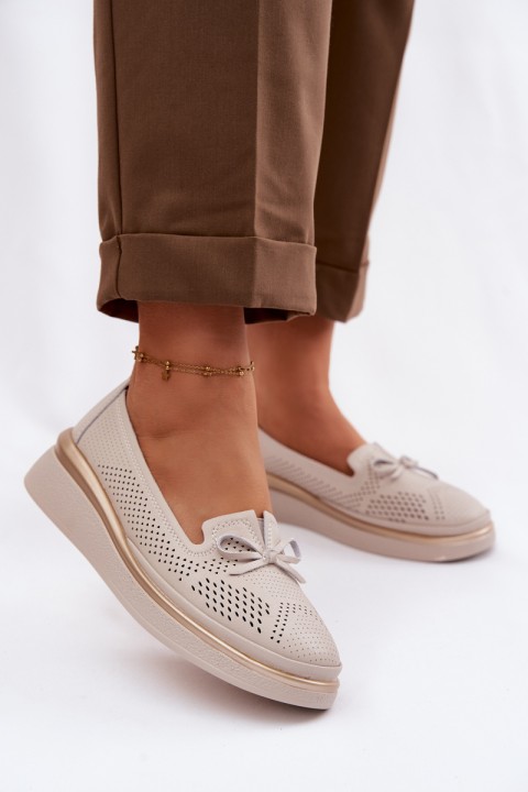 Leather Openwork Platform Shoes LR61-7043 Beige