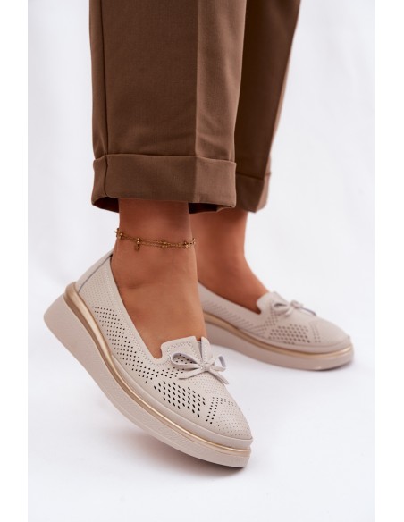 Leather Openwork Platform Shoes LR61-7043 Beige