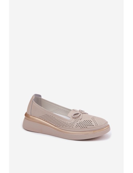 Leather Openwork Platform Shoes LR61-7043 Beige