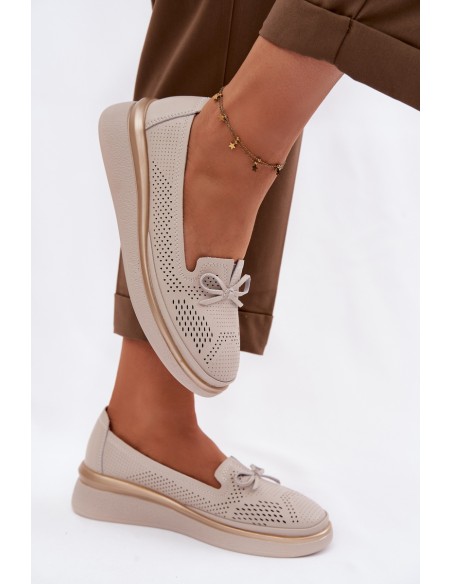 Leather Openwork Platform Shoes LR61-7043 Beige