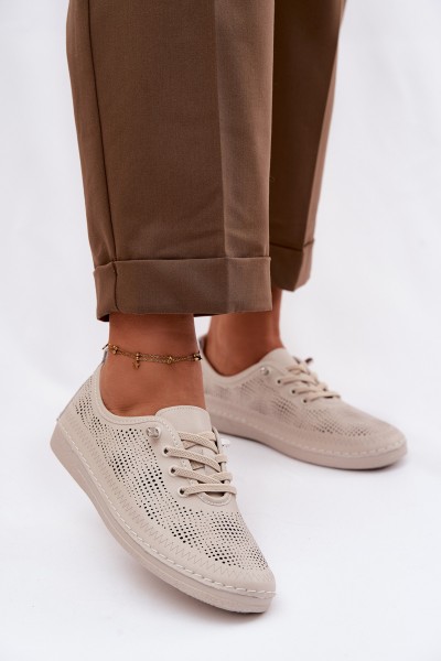 Leather Perforated Women's Loafers LR61-7083 Beige