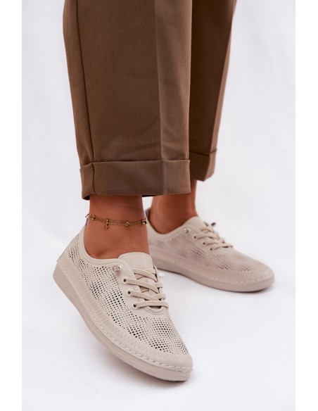Leather Perforated Women's Loafers LR61-7083 Beige