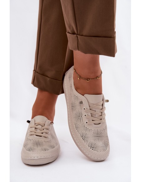 Leather Perforated Women's Loafers LR61-7083 Beige