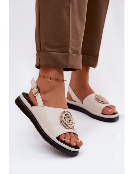 Leather Women's Sandals With Decorative Detail D&A GR61-5937 Beige